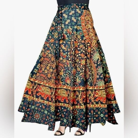 Women’s Colorful Elephant Cotton Jaipuri Sanganeri Print Maxi Skirt One Size - Picture 1 of 8